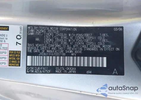 2007 Toyota Fj Cruiser z USA, uszkodzony, nr VIN JTEBU11F670007188